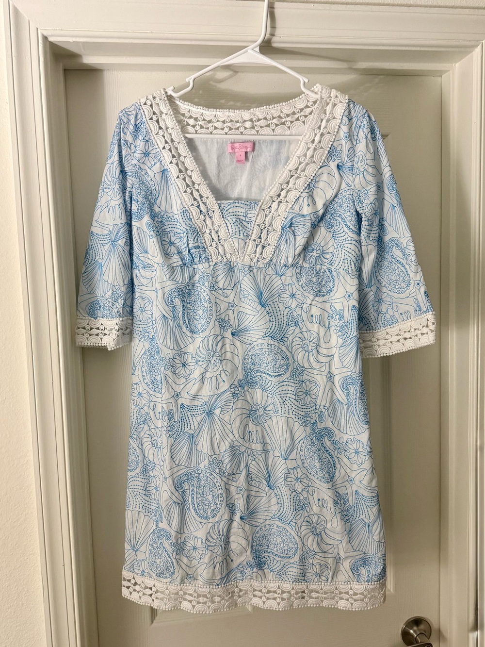NWOT  Lilly Pulitzer  White & Blue Lace Trim V-Neck Tunic Dress - 4